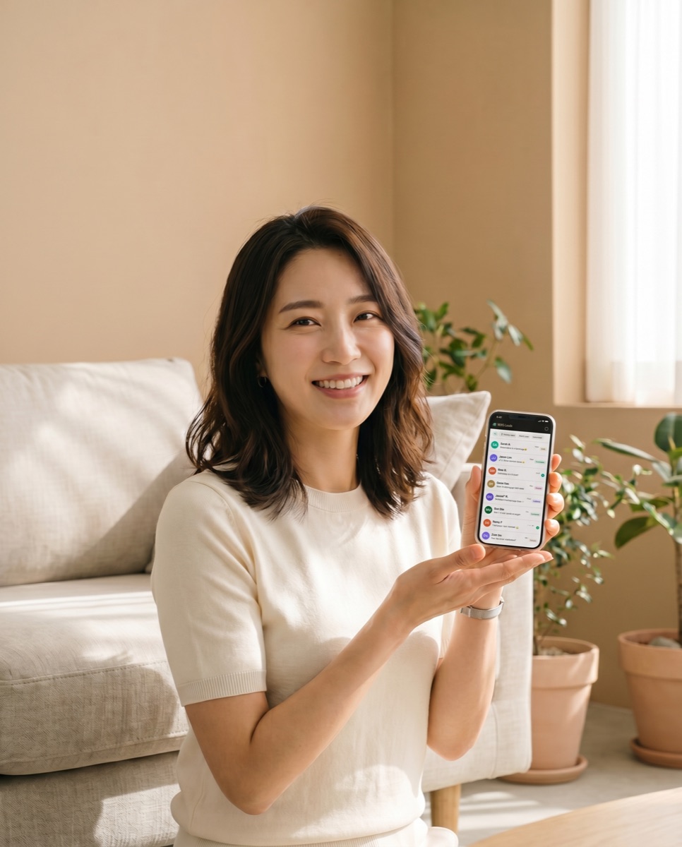 小美 holding her phone showing the WINS Leads inbox