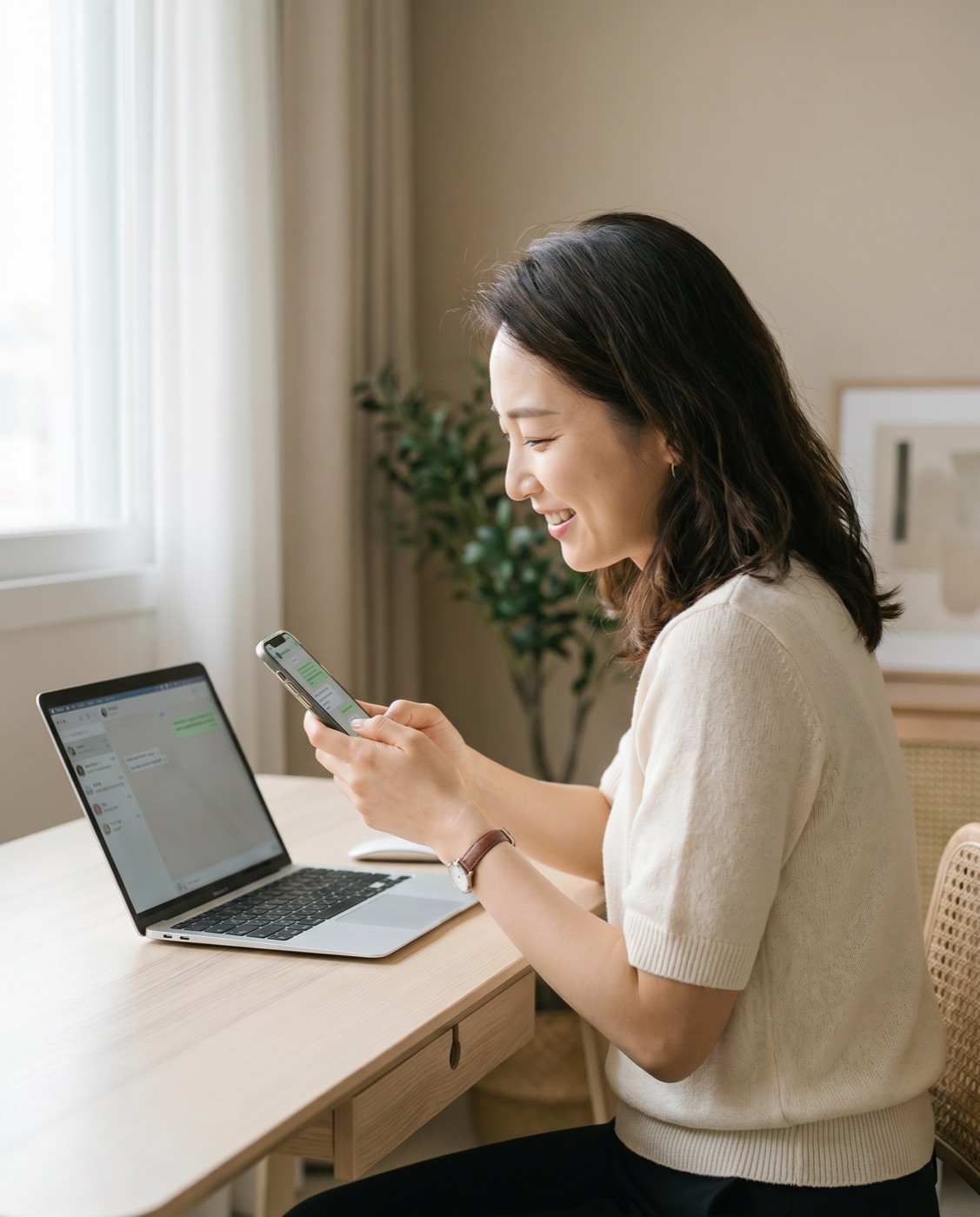 A solo seller managing her WhatsApp leads calmly with WINS Leads